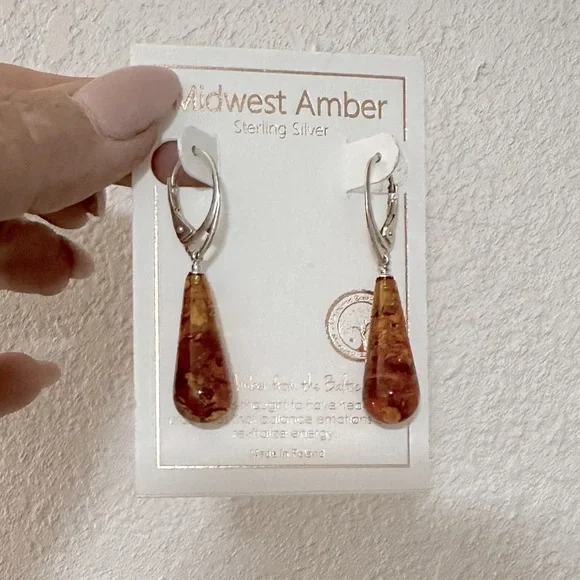 Midwest Baltic Amber Sterling Silver Drop dangle Lever Back Earrings - Picture 1 of 3